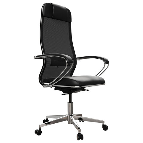 Кресло офисное МЕТТА "ErgoLife" Comfort, хром, сиденье мягкое, ткань-сетка/экокожа, черное — арт. SAMSON-532998