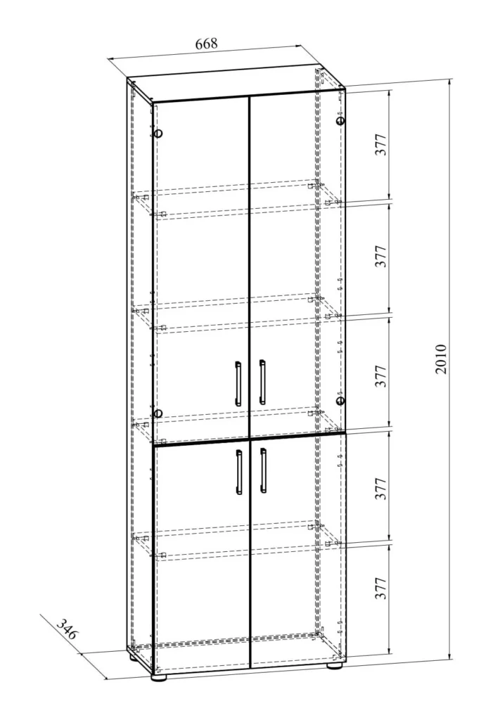 Схема размеров Шкаф-пенал со стеклом графит 66.8 × 34.6 × 201 см Compass Офис (OF-303K)