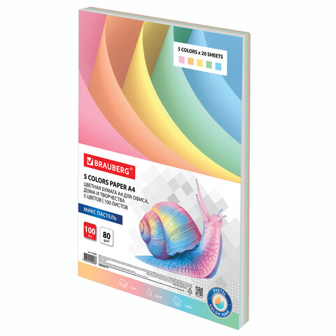Бумага цветная BRAUBERG, А4, 80 г/м2, 100 л. (5 цветов х 20 листов), пастель, для офисной техники, 112460 Бумага цветная BRAUBERG, А4, 80 г/м2, 100 л. (5 цветов х 20 листов), пастель, для офисной техники, 112460 — арт. SAMSON-112460