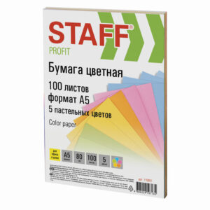 Бумага цветная STAFF МАЛОГО ФОРМАТА, А5, 80 г/м2, 100 л. (5 цветов х 20 л.), цветная пастель, 110891 — арт. SAMSON-110891