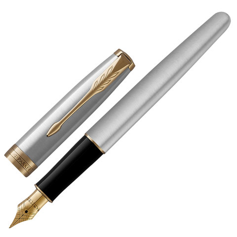 Ручка перьевая PARKER "Sonnet Core Stainless Steel GT", корпус серебристый, позолоченные детали, черная, 1931504 — арт. SAMSON-142361