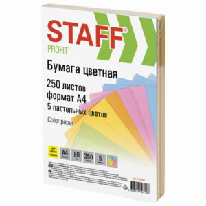 Бумага цветная STAFF, А4, 80 г/м2, 250 л., (5 цветов х 50 л.), пастель, для офиса и дома, 110890 — арт. SAMSON-110890
