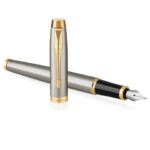 Ручка перьевая PARKER "IM Core Brushed Metal GT", серебристый матовый лак, позолота, синяя, 1931649