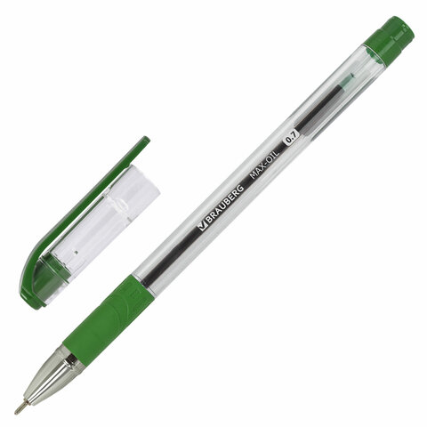 Ручка шариковая масляная с грипом BRAUBERG "Max-Oil", ЗЕЛЕНАЯ, игольчатый узел 0,7 мм, линия письма 0,35 мм, 142144 — арт. SAMSON-142144