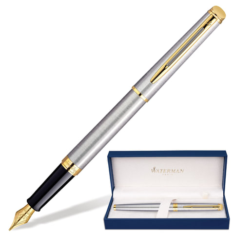 Ручка подарочная перьевая WATERMAN "Hemisphere Stainless Steel GT", серебристый корпус, позолоченные детали, синяя, S0920310 — арт. SAMSON-141691
